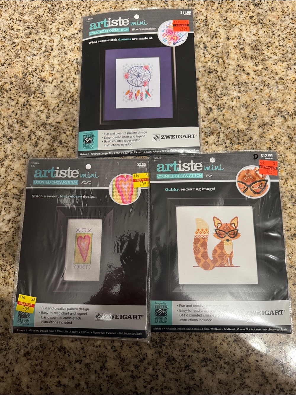 Artiste Mini Counted Cross-Stitch Kits - Fox, Dreamcatcher & Heart Designs